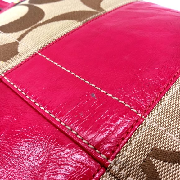 EUC Coach Signature Stripe Patent Leather Tote Shoulder Bag Khaki Pink 12429. - Picture 15 of 15